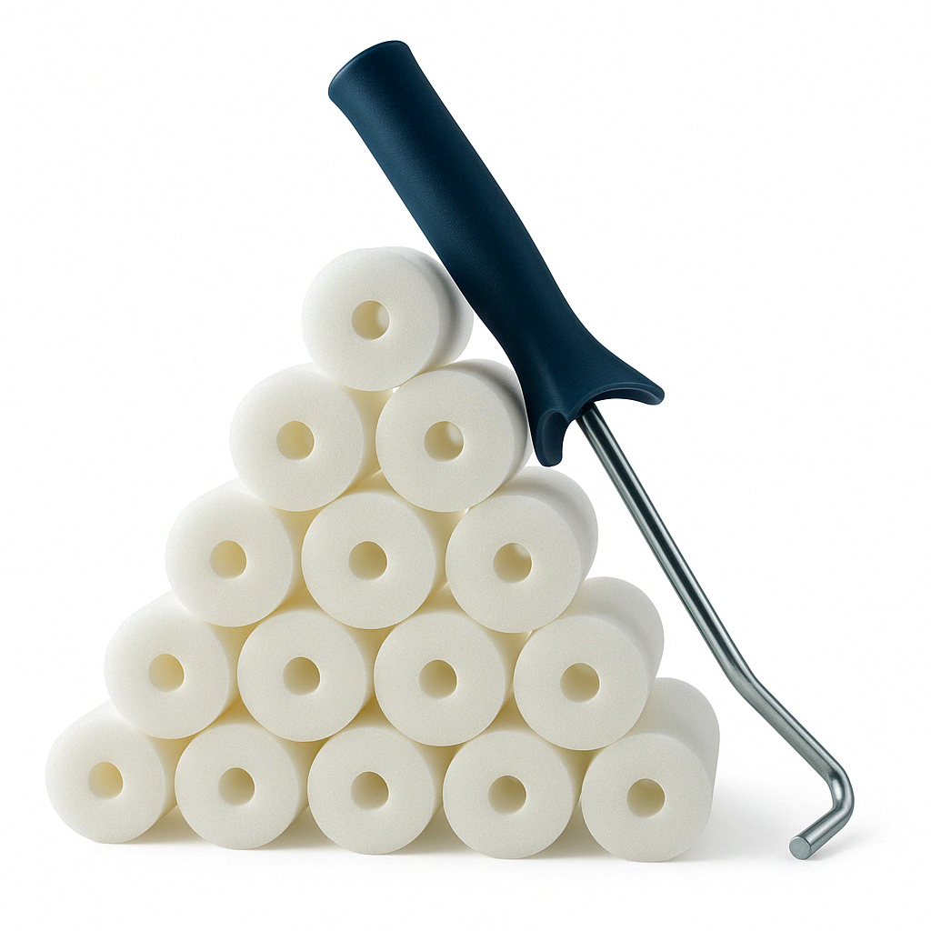 Foam paint rollers, 10 cm, set of 15 pieces, including roller holder.